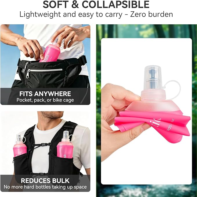 2 Pack 500ml Soft Flask, Shrink As You Drink Collapsible Water Bottles for Running Vest & Hydration Pack, BPA-Free Leak-Proof TPU Folding Bottle for Hiking Cycling Climbing Jogging-Pink - Image 4