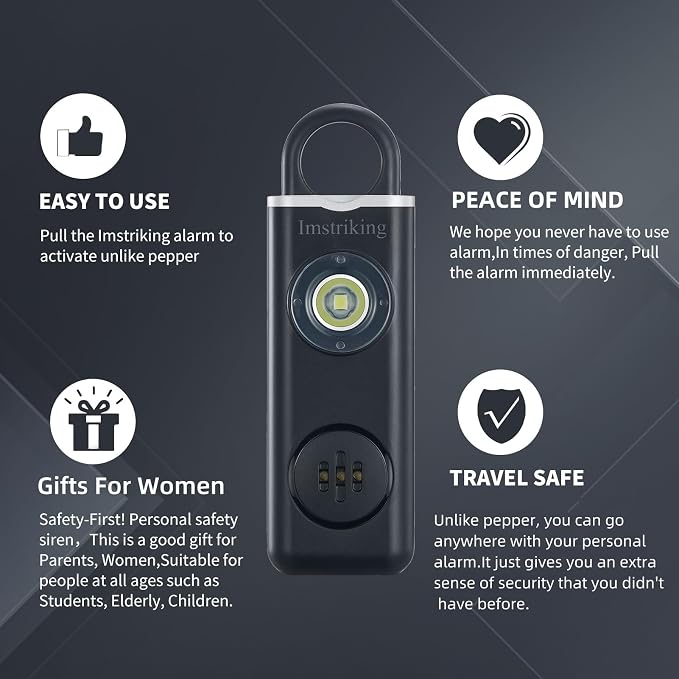 Rechargeable Personal Safety Alarm Keychain for Women,Self Defense Keychain Alarm with Strobe Light and 130dB Siren Help Women,Men,Elderly, Emergency Security Whistle Alert (Black) - Image 7
