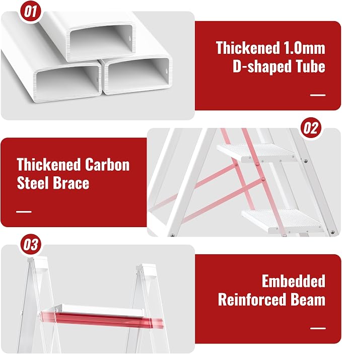 2 Step Ladder, Folding Step Stool with Anti-Slip Wide Pedal | Lightweight, Aluminum Material, 330LBS Load, Portable, Easy Storage, Space Saving, for Kitchen, Bedroom Use, White - Image 4