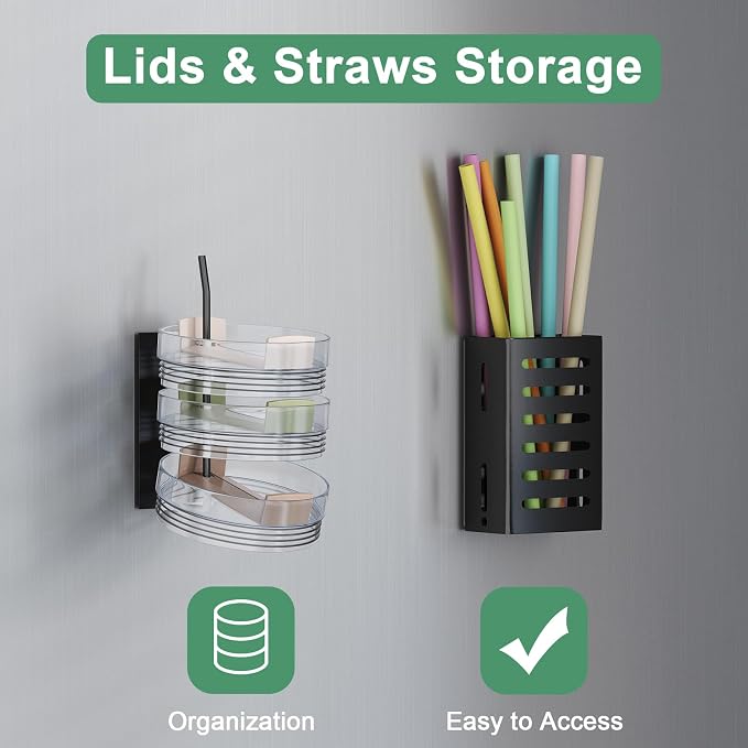 Magnetic Cup Holder for Fridge, Aufworld Tumbler Organizer Fits 20/30/40 oz Stanley Cups, Accessory Storage with Lid & Straw Holder, Space-Saving Storage Rack for Kitchen Fridge (Black-Cup Holder Set) - Image 7