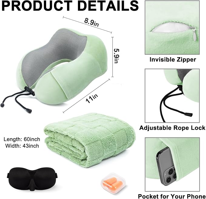urnexttour Travel Pillow and Blanket Set Neck Pillow Airplane Foam Sage | 43x60 Inch Plane Blanket, Traveling Compact Storage Bag, Eye Mask, and Earplugs for Ultimate Flight Comfort, Women and Men - Image 5