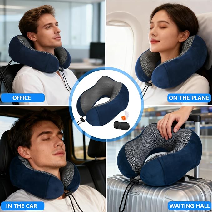 Airplane Pillow, Travel Neck Pillow with Memory Foam - Adjustable Buckle & Machine Washable Cover for Neck Support, Includes Eye Mask & Ear Plugs(Blue) - Image 4