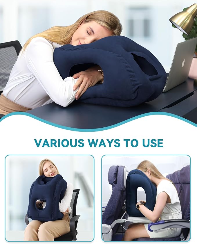 Inflatable Travel Pillow, Airplane Neck Pillow Comfortably Supports Head and Chin for Airplanes, Trains, Cars and Office Napping with 3D Eye Mask, Earplugs and Portable Drawstring Bag (Blue) - Image 4