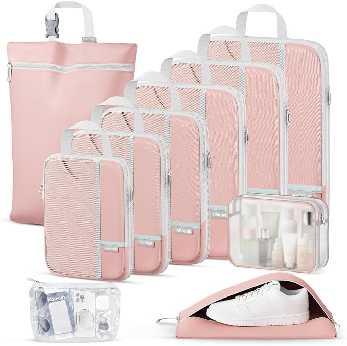Percover Compression Packing Cubes for Travel, 10-Piece Structured Compression Organizer Set with Toiletry Bag, Laundry Bag & Shoe Bag for Carry-On & Checked Luggage, Pink by Unknown