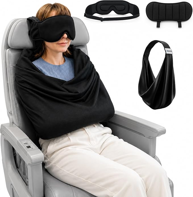 Avernio Travel Pillow with Eye Mask, 3-in-1 Airplane Sleep Support Travel Essentials for Comfort, Portable Sleep System with Neck Support Head Strap, Sleeper Hold for Flight Car Train (M Size) by Unknown