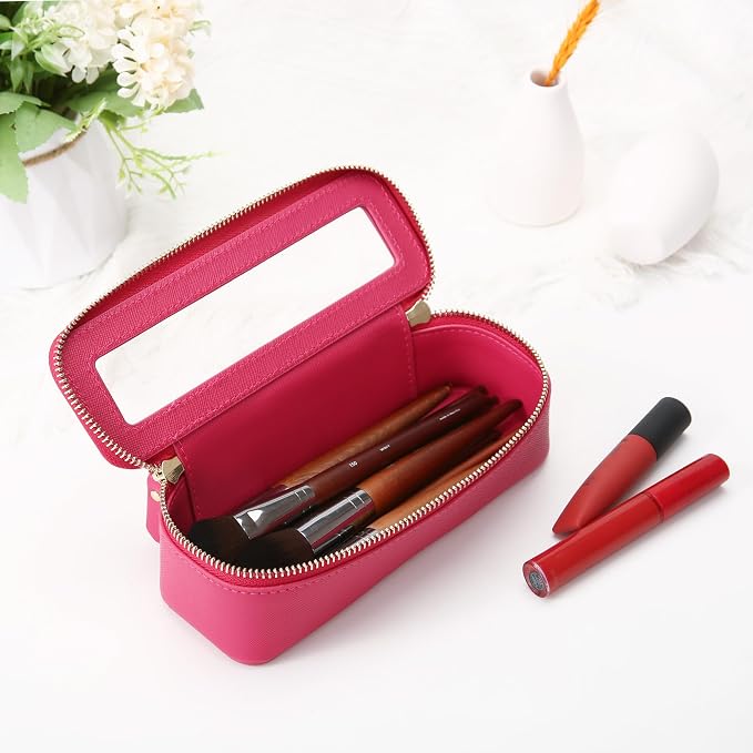 Aveniee Clear Makeup Brush Bag, Slim Brush Holder Cosmetic Case, Small Travel Toiletry Bag for Women, Thin Make up Bags with Dual Zipper, Cute Travel Essentials Srorage Bag,Hotpink - Image 6