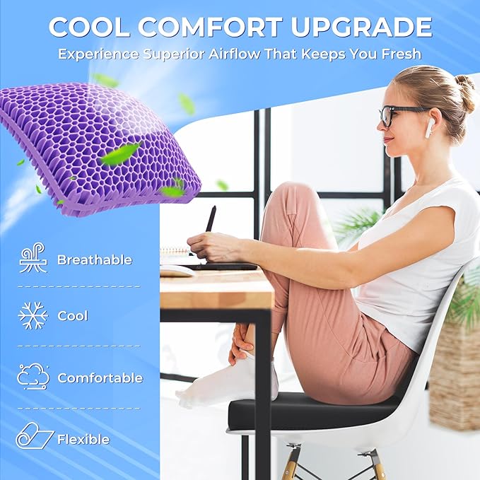 TushGuard Gel Seat Cushion for Long Sitting, Breathable Thick Patent Design | Enlarged Cooling Chair Pad for Office Chair, Wheelchair, Desk Chair, Supportive Car Cushion (2.2"Thinck, Black+Violet) - Image 2