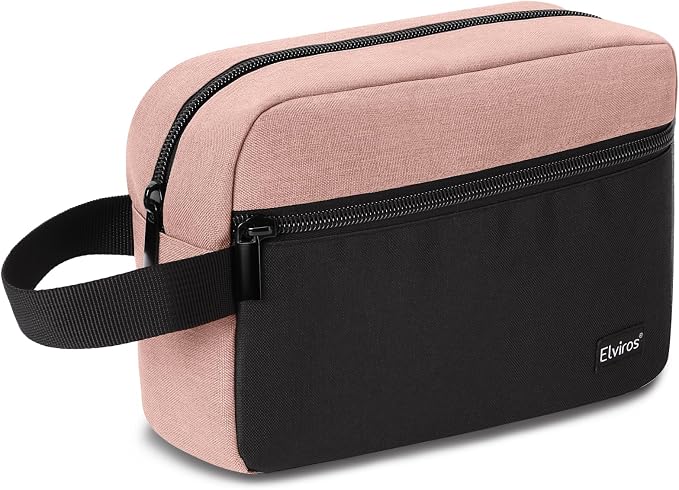 Elviros Travel Toiletry Makeup Bag for Women Hanging Toiletries Dopp Kit Small Bathroom Hygiene Tool and Medicine bag for Traveling Essential Shaving Pouch,Gifts for Women(Pink&Black) by Elviros