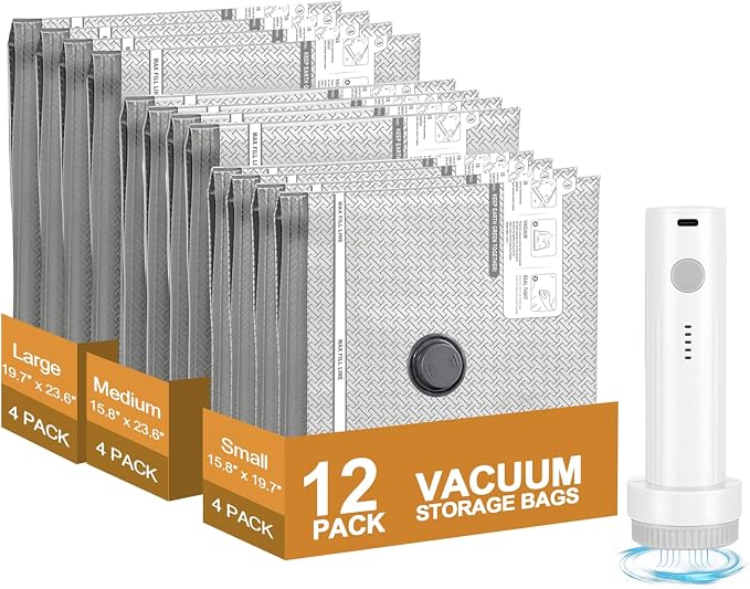 Vacuum Seal Bags for Clothing Travel, with Electric Pump 12-Pack | Save 80% luggage space. Tear-resistant PA+PE. Smart travel essentials replacing compression packing cubes. by Unknown