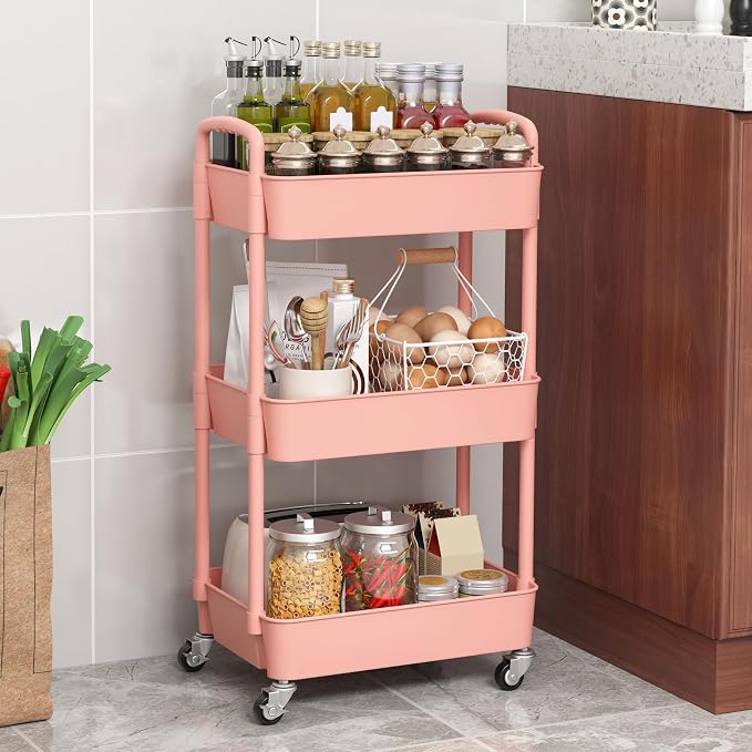 Sywhitta 3-Tier Plastic Rolling Utility Cart with Wheels for Storage, Pink | Multi-Functional Storage Trolley, for Office, Living Room, Kitchen, Bathroom,Movable Organizer,Space-Saving,Easy to assemble - Image 5