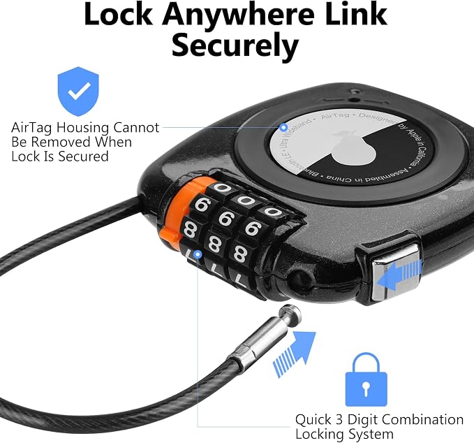 Compatible with Apple AirTag Secure Lock with Wire Cable, 3-Digit Combination Luggage Locks, Alloy Body Ultra Durable Anti-Lost Protective Case for Luggage, Suitcase (Black/Grey) - Image 2