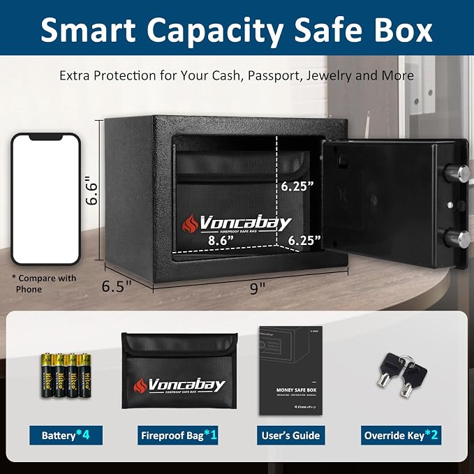 Voncabay Money Safe Box for Home with Digital Keypad, 0.23 Cu. Ft., Black | Alloy Steel, Sensor Light, Fireproof Bag Included, 2 Override Keys, 4 Mounting Screws, Carpeted Mat, 9 x 6.6 x 6.5 In. - Image 2