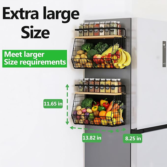 2 Pack Magnetic Spice Storage Rack Organizer for Refrigerator, Magnetic Shelf for Fridge with Wood Lid, Organizer for Kitchen & Laundry, Potato and Onion Storage Bins, Large Container, Strong Magnets - Image 3