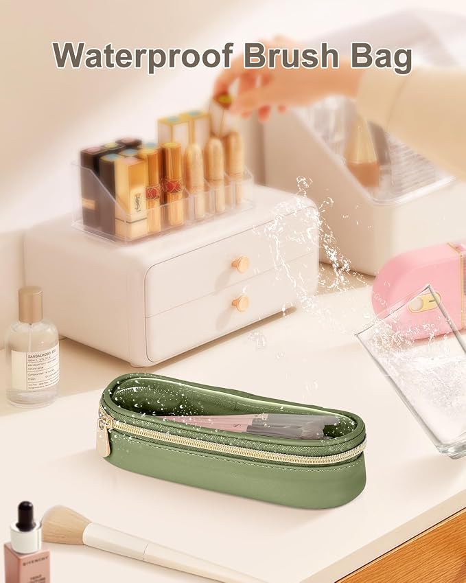 Soimeat Clear Travel Makeup Brush Holder, Leather Makeup Brush Toiletry Bag, Portable Cosmetic Brush Case, Transparent Waterproof Makeup Brush Storage Bag, Green - Image 7