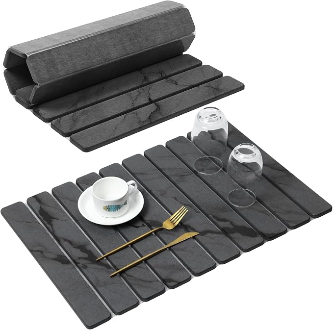 Large Stone Dish Drying Mat for Kitchen Counter, Quick Dry Stone Dishes Mats, Foldable Water Absorbing Diatomaceous Drying Pad for Countertop Bottles Utensils Cups Bathroom (Dark Gray 24"x16") by linidcoudhome