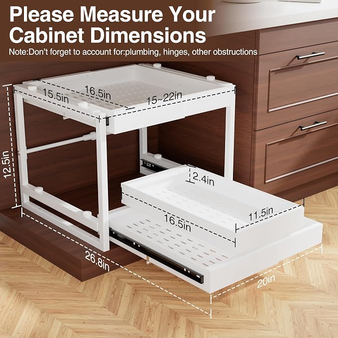 2-Tier Expandable Pull Out Cabinet Organizer, Heavy Duty Adjustable Width Metal Slide Out Shelf, No Screw Cabinet Storage Rack for Kitchen Bathroom 17in Depth Cabinet（White） - Image 2