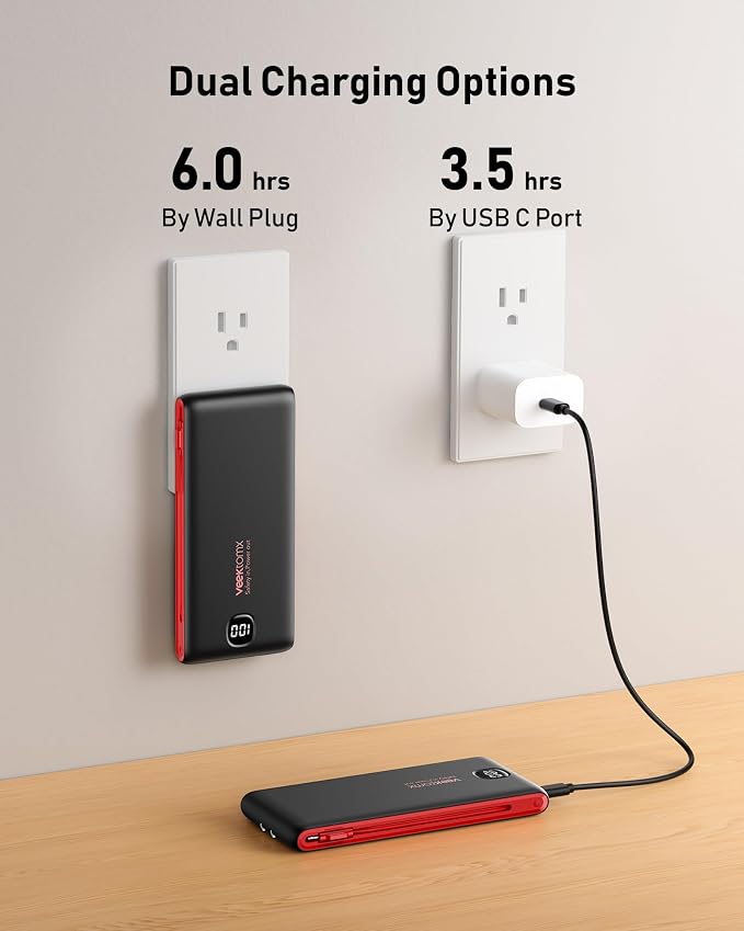 VEEKTOMX Portable Charger with Built-in Cables and AC Wall Plug, 10000mAh | Pocket-Size Travel Power Bank with USB-C and Micro-USB Cables for up to 4 Devices Including iPhone, iPad, Samsung, Red Black - Image 5