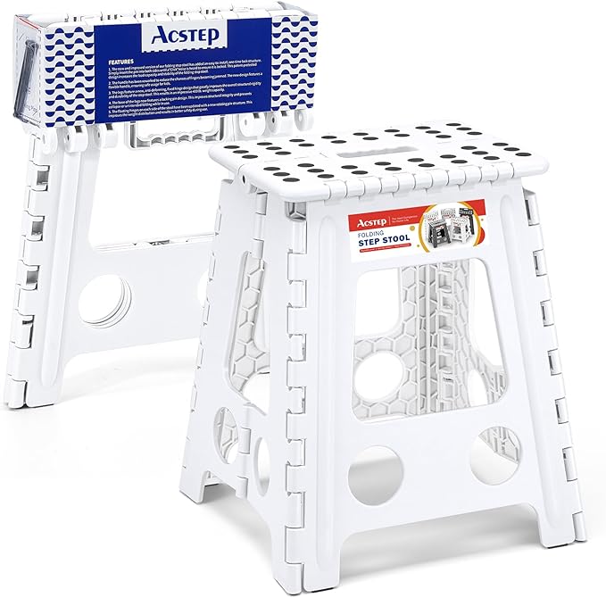 16 Inch Folding Step Stool, Heavy Duty, 400 lbs, White | Lightweight Collapsible Stepping Stool for Adults with Handle, Non-Slip, for Kitchen, Bathroom, Bedroom and Outdoor Use by ACSTEP