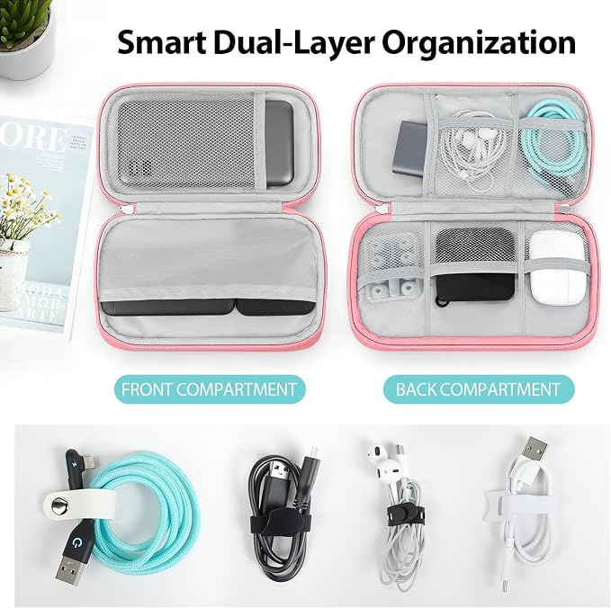 Travel Electronics Organizer, Double Layer Tech Pouch, Pink | Water-resistant Oxford fabric with padded lining. 8 compartments hold chargers and 3ft+ cords. Includes 8 cable ties. - Image 3