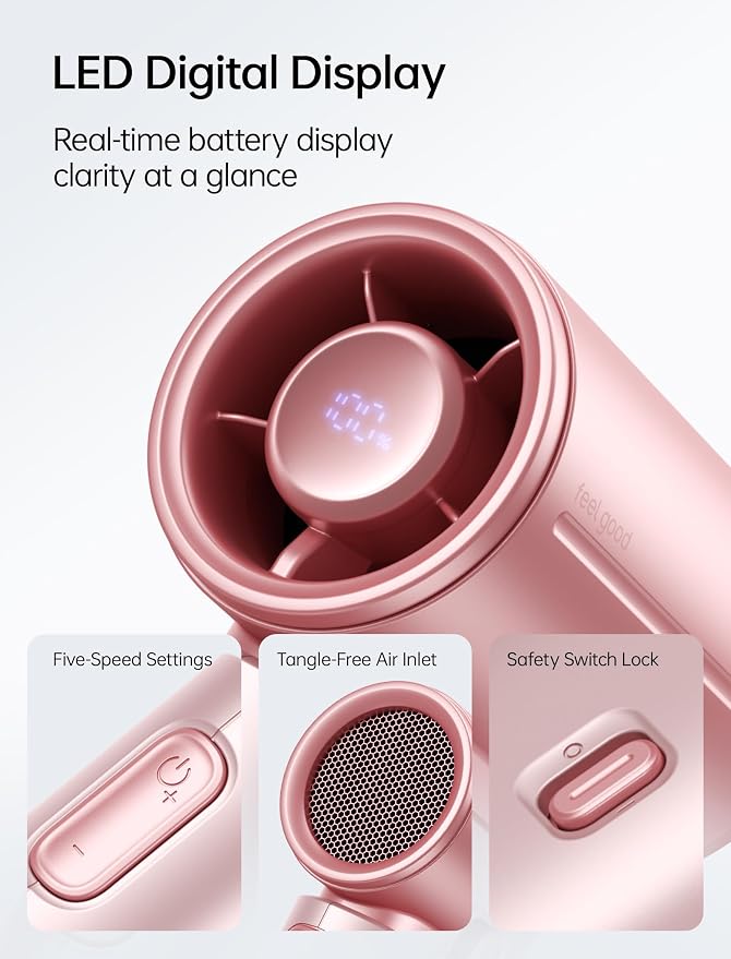 JISULIFE Handheld Fan Life9S - Sleek Chrome: Turbo Power, 22 Hours Cooling | LED Display, 5000mAh, 5-Speeds, Mini Portable Fan for Travel, Cruise, Concerts, Trendy Gifts for Women Men -Pink - Image 5