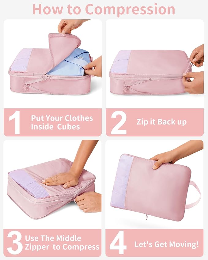 11-Piece Expandable Compression Packing Cubes, Travel Luggage Organizers Set for Suitcase, Lightweight Fabric Packing Bags for Travel Essentials Pink - Image 8