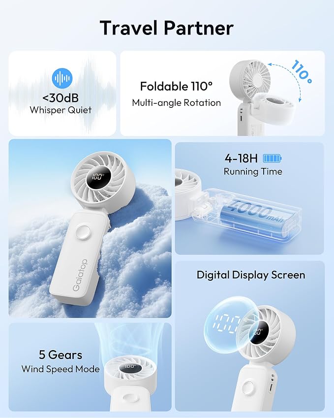 Gaiatop Portable Handheld Fan, Quiet 3 IN 1 Neck/Desk/Hand Fan | Max 18 Working Hours, 5 Speed Rechargeable Battery, Cooling for Travel, Beach, Women/Men Outdoor Activities Gifts White - Image 2