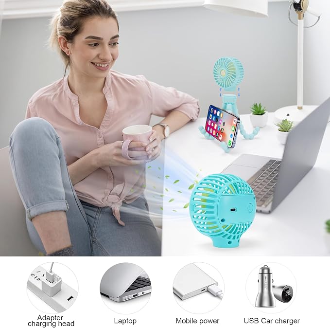 Portable Stroller Fan USB Clip on Fan Rechargeable Small Personal Mini with Removable Flexible Tripod 3 Speed 360° Rotate Can Handheld and Desk for Stroller Car Seat Crib Travel Outdoor (Blue-1) - Image 8