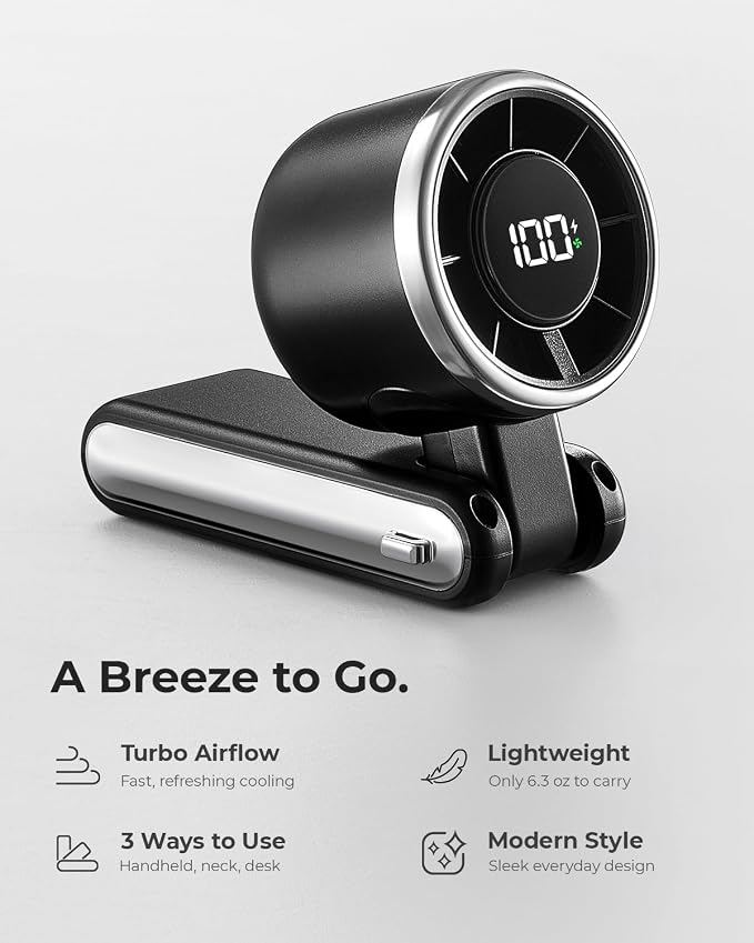 Portable Handheld Turbo Fan - 5 Gear High Speed 4000mAh Rechargeable Mini Personal Hand Fan Blow Cold Air, Battery Operated Travel Essentials, Beach Vacation, Gifts for Women, Men (Black) - Image 2