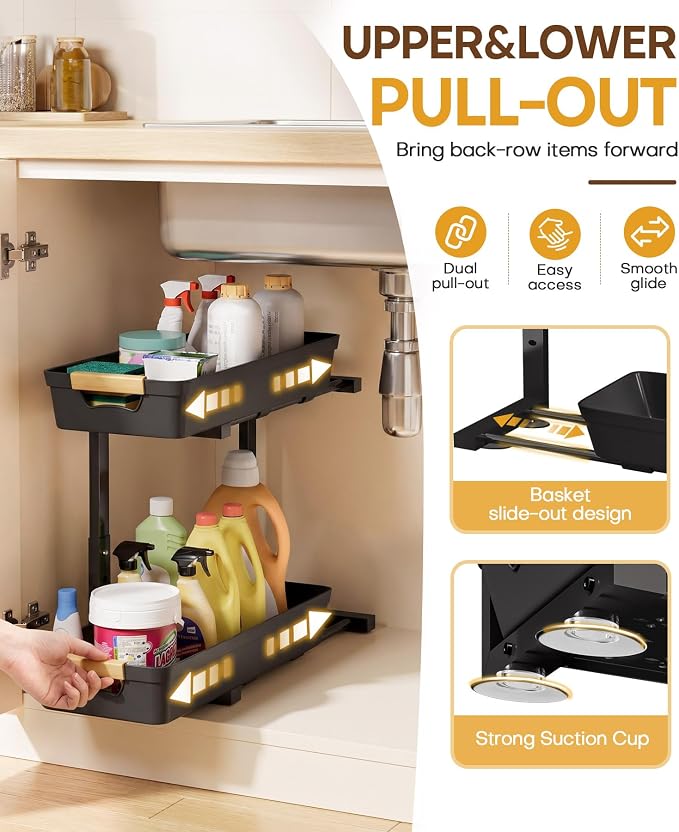 Homde Sliding Under Sink Organizer: 2-Pack Pull-Out Rack for Kitchen | 4 Easy-Access Baskets for Cluttered Cabinets - Busy Families Find Everything Instantly - Full-Extension Glide Design - Image 5