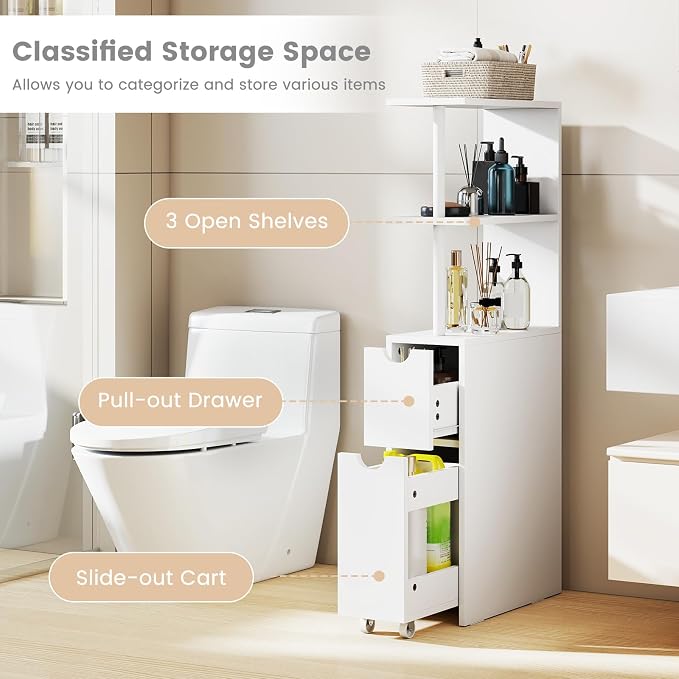 GIANTEX Slim Storage Cabinet, Narrow Freestanding Bathroom Organizer with Open Shelves, Pull-Out Drawer and Slide-Out Cart, Space-Saving Wooden Floor Cabinet for Entryway, Living Room and Kitchen - Image 4