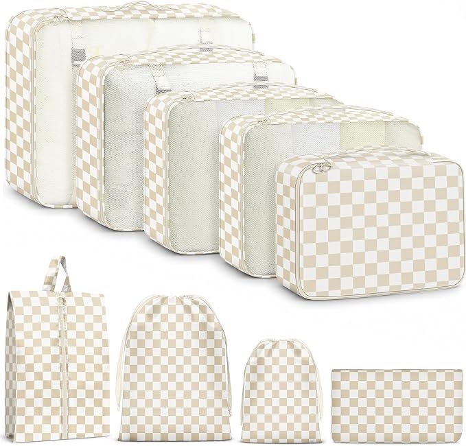 9 Set Packing Cubes for Travel Essentials - Lightweight Carry-On Luggage Organizer Bags with Shoe, Clothes & Laundry Bags for Airplane, Family & Business Travel, Beige checkered by Unknown