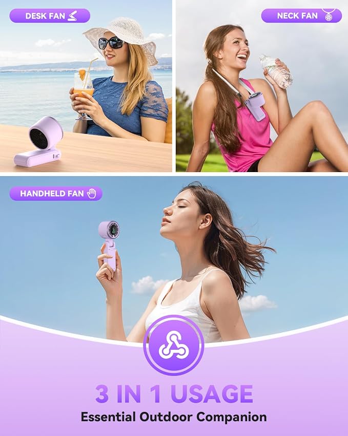 PlayHot Portable Handheld Turbo Fan, Travel Essentials, Gifts for Women/Men | 5-Speed, Up to 12H, 10m/s Airflow, USB-C Rechargeable, LED Display, 3-in-1 Foldable Personal Fan for Cruise, Beach, Vacation - Image 3