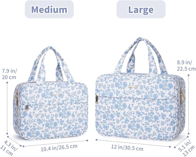 Narwey Floral Hanging Travel Toiletry Bag, Makeup Bag Organizer Make up Toiletries Bags for Full Size Essentials, Accessories, Brushes, Cosmetics (Blue Flower, Large) - Image 2