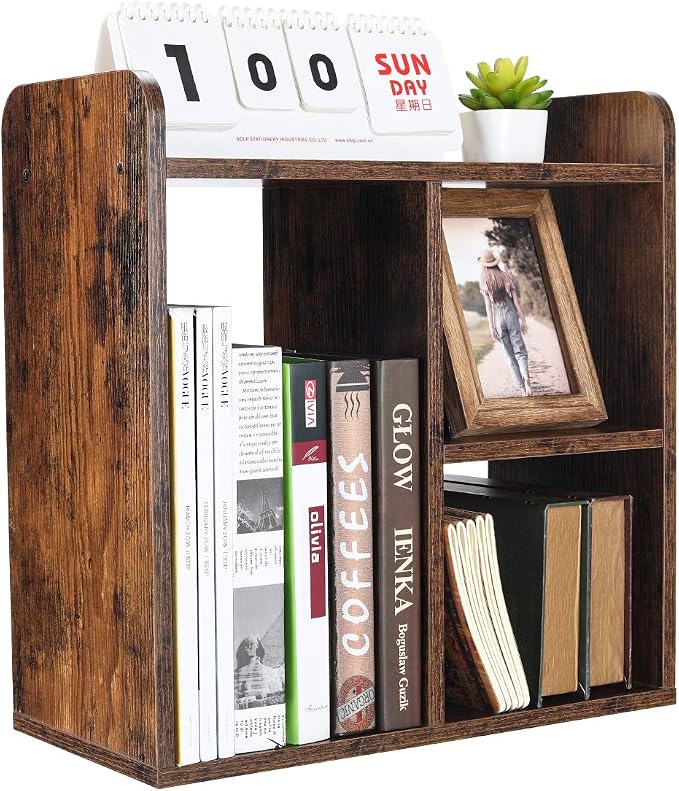 Desktop Shelf Freestanding Wood Small Bookshelf Desk Supplies Organizers and Accessories Storage Display Rack Office Decor for Women, Antique Brown by PAG