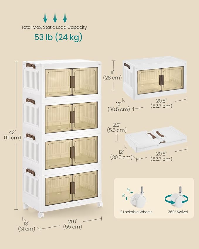 SONGMICS 48QT stackable storage bins with 1 Lid, 4-Tier Foldable Bins | Collapsible Cabinet, PP Plastic, Magnetic Doors and wheels, 21.6 x 13 x 43 inch, White, DENNYS Collection URLB450WZ01 - Image 6