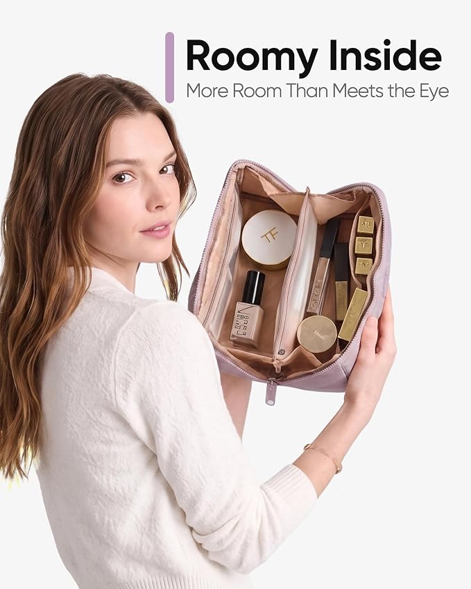 NISHEL Travel Makeup Bag for women, Organizer Pouch Cosmetic Case | Open-flat design keeps cosmetics, brushes, and beauty tools organized for travel and daily routines, Peach-Pink - Image 3