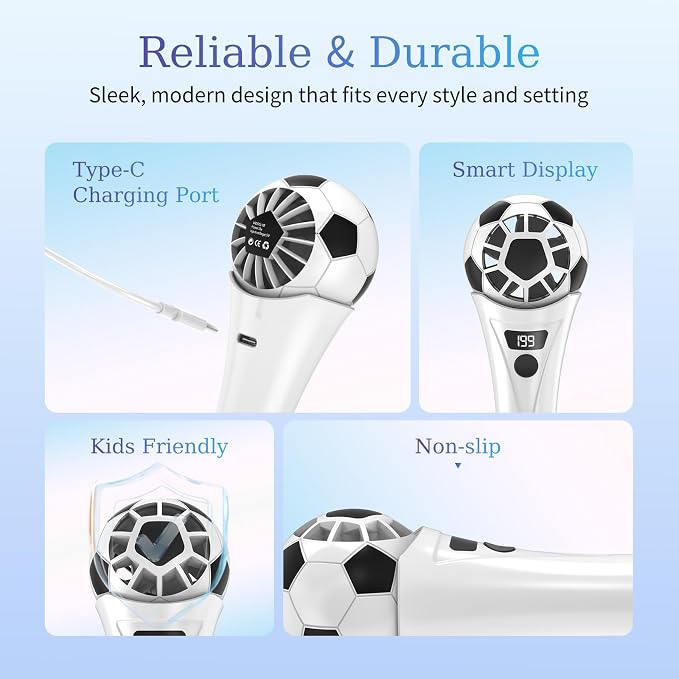 COO Soccer Shaped Handheld Fan, Rechargeable Mini Personal Fan | Portable Small Fan with 5 Speeds & USB Rechargeable Design, Lightweight Mini Fan for Soccer Games, Travel, Outdoor, Office - Image 4