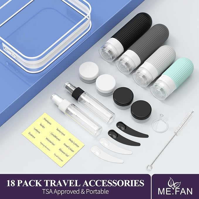 ME.FAN Travel Bottles for Toiletries,18 Pack Silicone Portable Size Bottle, TSA Approved Refillable Cosmetic Container Kits for Conditioner, Shampoo, Lotion,Face Cream - Grey - Image 6
