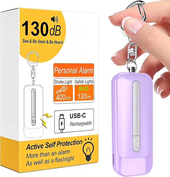 Personal Alarm for Women, Rechargeable with Safety Lights & Low Battery Notice, 130dB Siren with Extra Bright LED Flashlight Strobe Light for Emergency, Dual Light Sources Safety Keychain by PEAKFIRE
