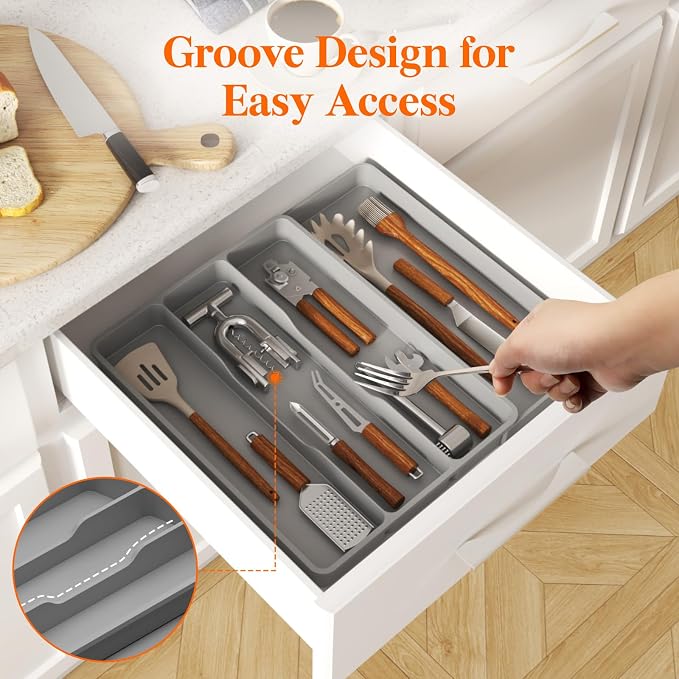 Lifewit Utensil Organizer for Kitchen Drawer, Expandable Cooking Tray | Adjustable Cutlery Flatware Holder, Plastic Silverware Spatula Tools Storage Divider, 11.9-17.3 x 15.8", Gray - Image 8