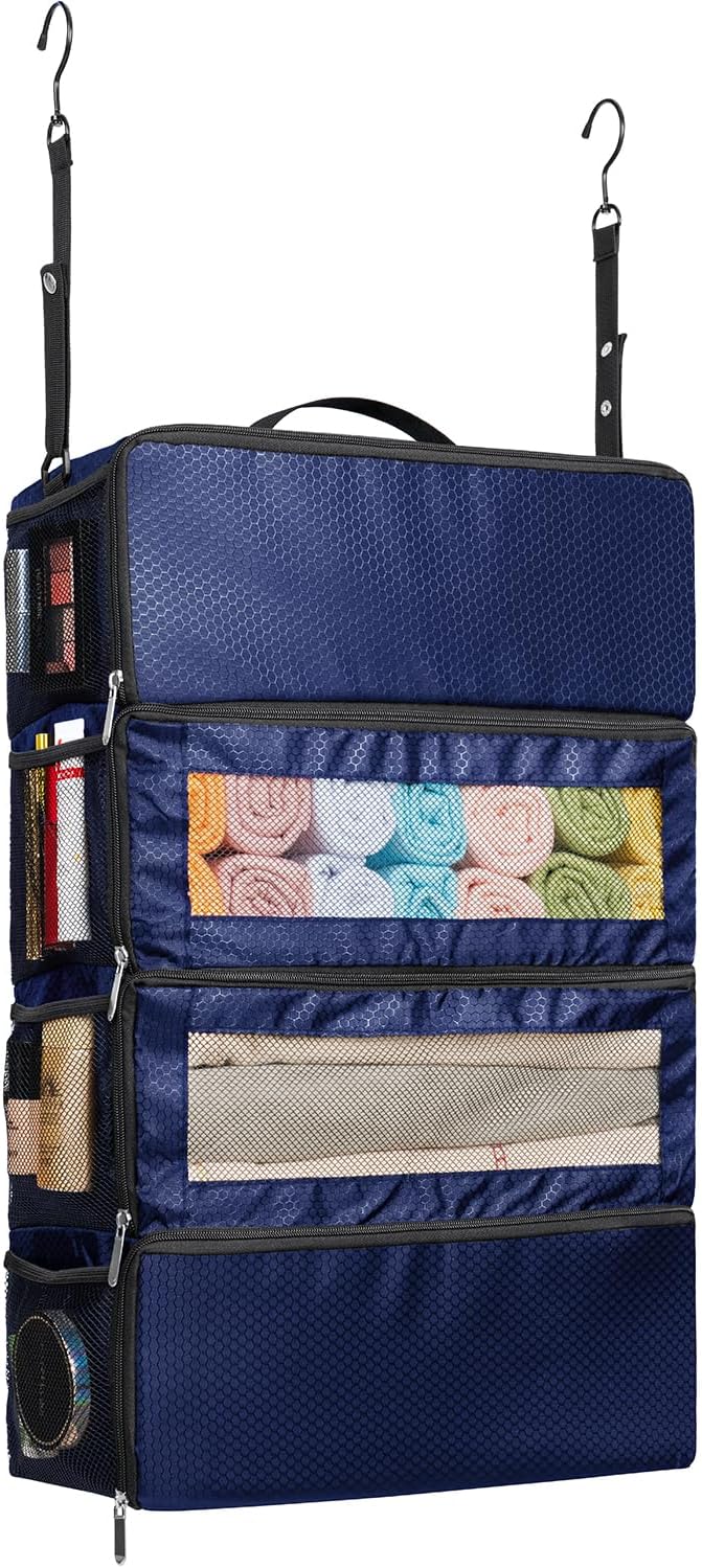 Vokelater Suitcase Organizer, Travel Luggage Organizer with Hanging Shelves & Packing Cubes - Collapsible & Portable for Carry-on, Large, Blue by Vokelater