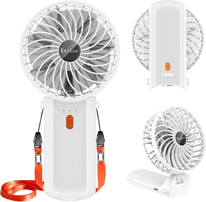 Portable Fan Handheld Fan, Mini Hand Held Fan, 6-15H Cooling Small Personal Fan, 180° Foldable Mini Desk Fan with 4 Quiet Speed, Neck Fan w/Lanyard for Kids Women Men Travel Outdoor Office, White by Enituo