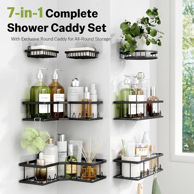 Shower Shelf Corner, 7-Pack Adhesive Shower Caddy, Metal Shower Caddy with Soap Holder, Black Shower Shelves No Drilling Bathroom Caddy for Shower, Home Decor Rv Accessories, Apartment - Image 2