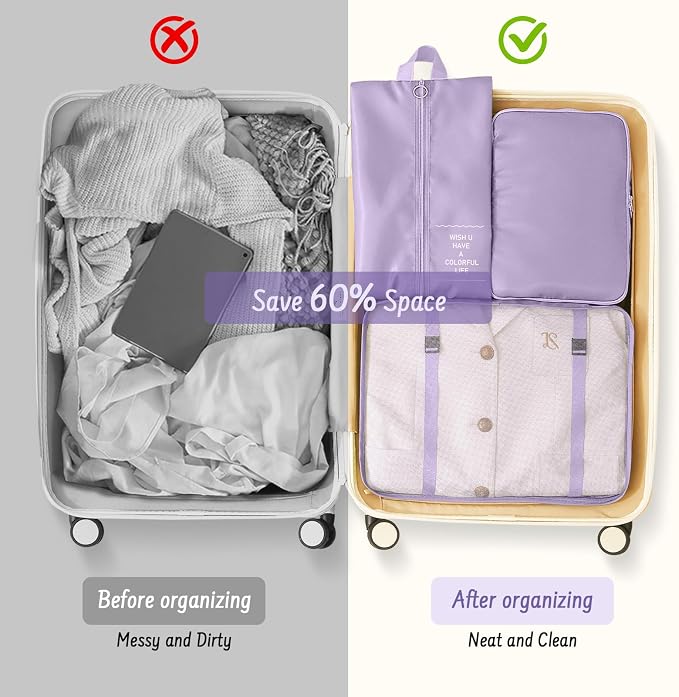 9 Set Packing Cubes for Travel Essentials - Lightweight Carry-On Luggage Organizer Bags with Shoe, Clothes & Laundry Bags for Airplane, Family & Business Travel, Light purple - Image 3