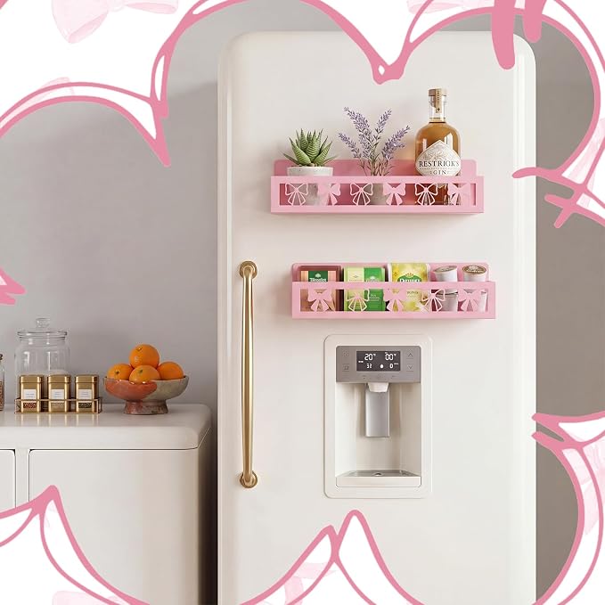 Beeveer 2 Pcs Magnetic Spice Rack for Refrigerator, Pink Bow | Magnetic, No Drilling, Pink Bow Kitchen Decor, Pink Home Accessories, 2 Sizes Metal Storage Shelf for Fridge Spices - Image 6