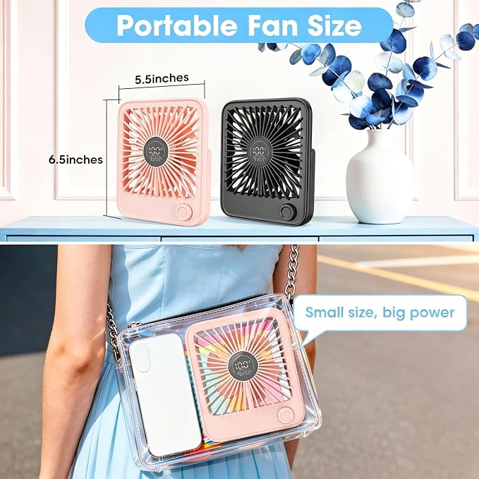 Ouddy Mode 2 Pack Small Desk Fan, Rechargeable Quiet Portable Travel Fan | 100 Wind Speeds Digital Display Black and Pink Personal Fans for Office Bedroom Home Outdoor - Image 3