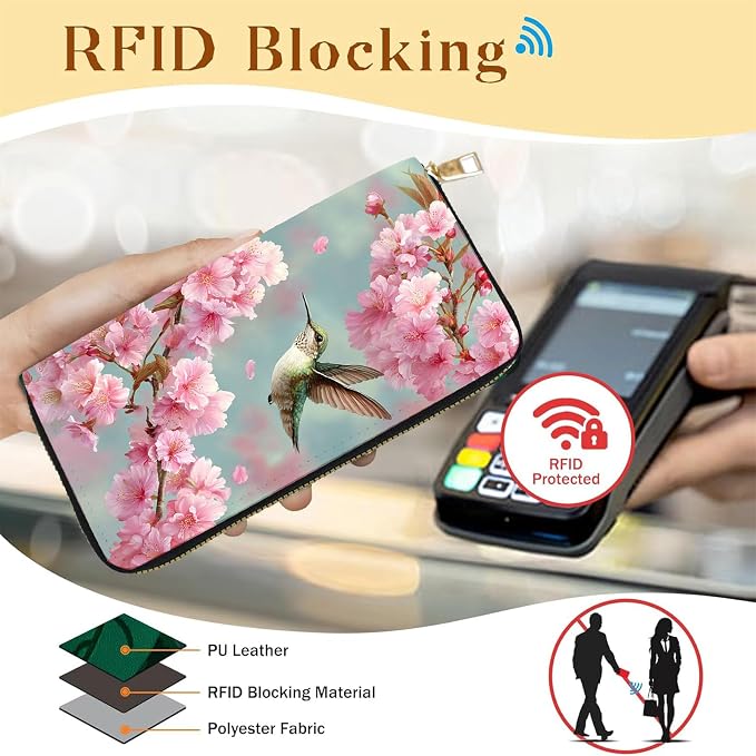 Women's RFID Blocking PU Leather Zip-Around Wallet, Large Capacity Clutch with Phone Holder, Travel Purse & Card Organizer with Removable Wristlet,Cherry Blossom Hummingbird - Image 2