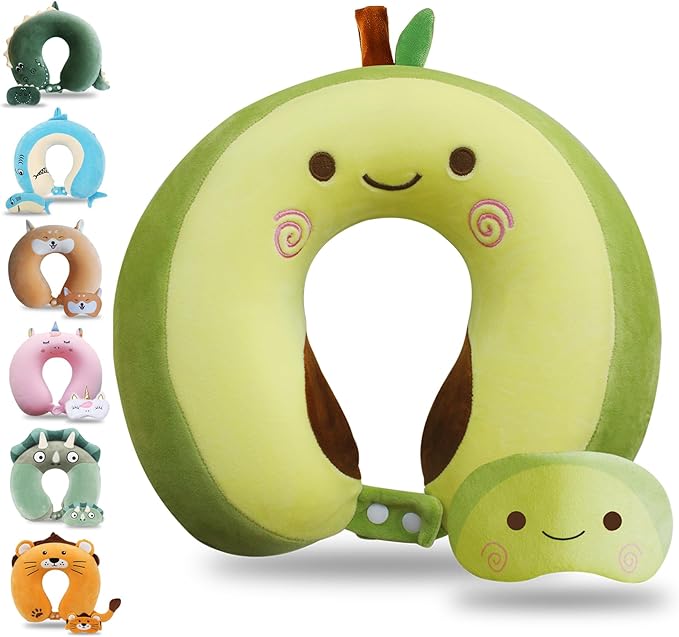 Cute Travel Pillow with Sleep Eye Mask Cartoon Headrest & Neck Pillow for Kids Boys & Girls, Teens, Travel Accessories for Airplane, Car, Recline, Home Use Memory Foam Flight - Green Avocado by Sexysamba