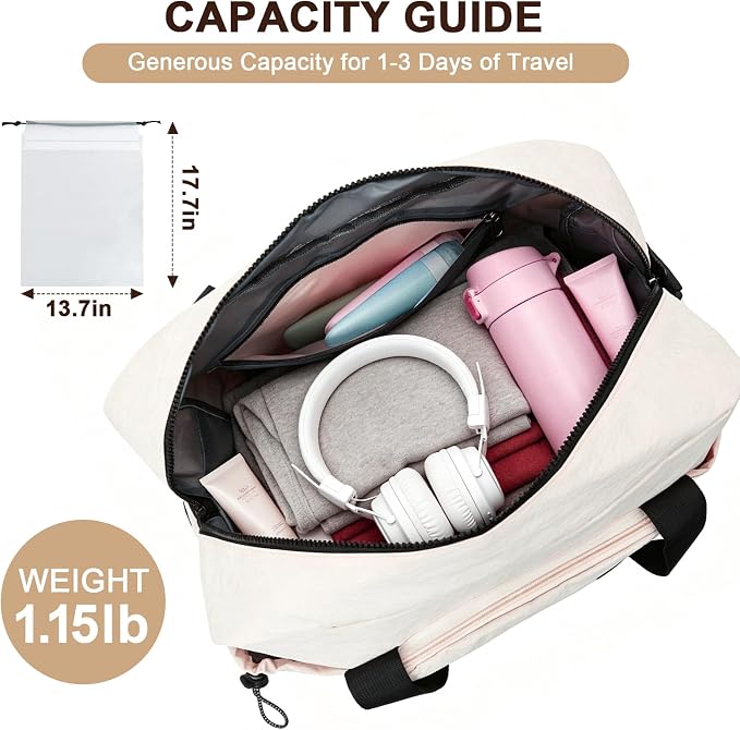 Foldable Travel Bag for Women, Expandable 28L-40L Lightweight Personal Item Carry On Bag, Packable Duffel Bag, Weekender Overnight Travel Tote, Collapsible Luggage Bag, Cream White - Image 2