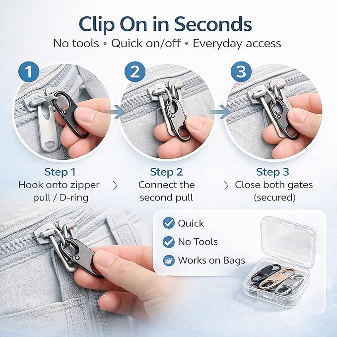 PPDVUUT Zipper Locks for Backpacks, Suitcases, Travel Bags & More, Anti-Theft Security Clips Set with 10 Locks & 10 Extension Rings, Metal Alloy Double-Opening Clips - Image 7